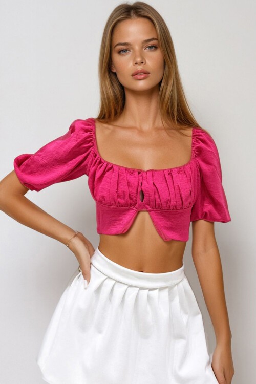Fuşya Kare Yaka Büzgü Detaylı Düğme Kapamalı Crop Bluz