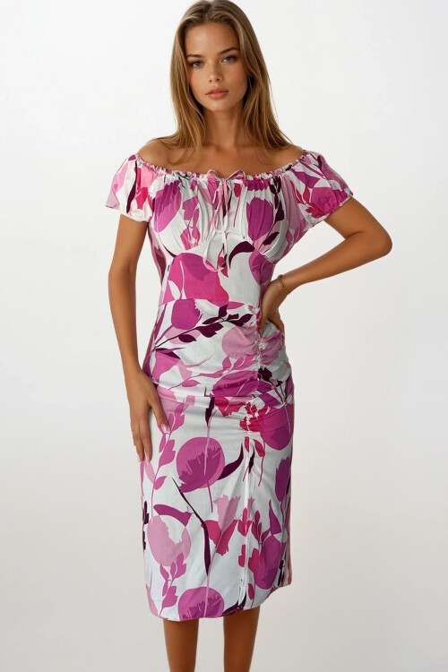 Fuşya Madonna Yaka Çiçek Desenli Yırtmaç Detaylı Fermuarlı Elbise