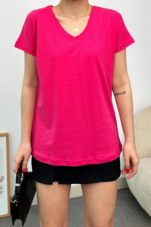 Fuşya V Yaka Basic T Shirt