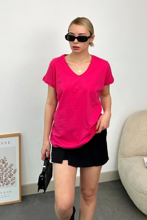 Fuşya V Yaka Basic T Shirt