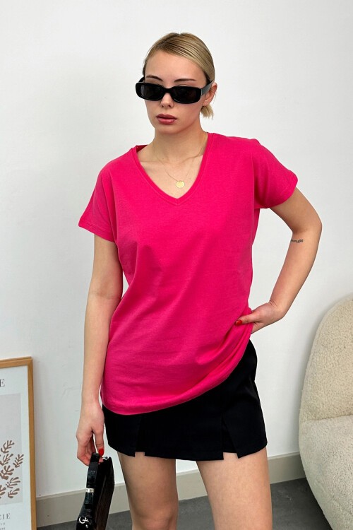 Fuşya V Yaka Basic T Shirt