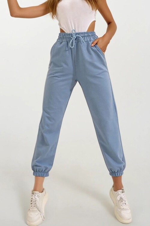 Gök Mavisi Paçası Lastikli İki İplik Eşofman Altı