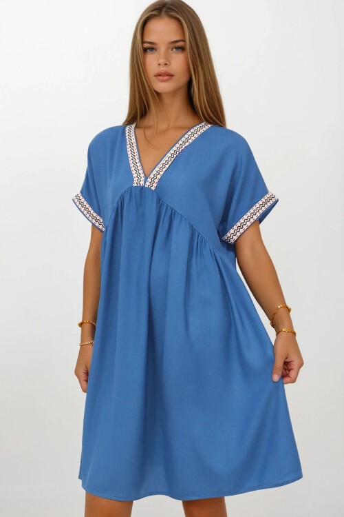 Gök Mavisi V Yaka Kısa Kollu Midi Boy Rahat Kesim Elbise