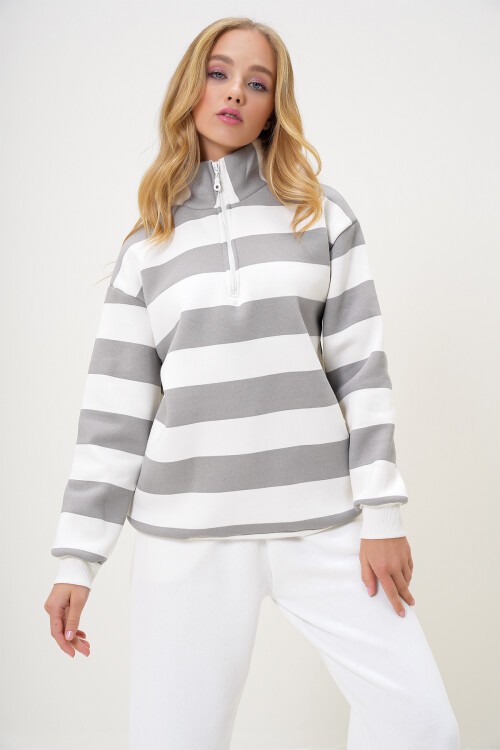 Gri Balıkçı Yaka Önü Fermuarlı Çizgili Üç İplik İçi Şardonlu Kışlık Sweatshırt