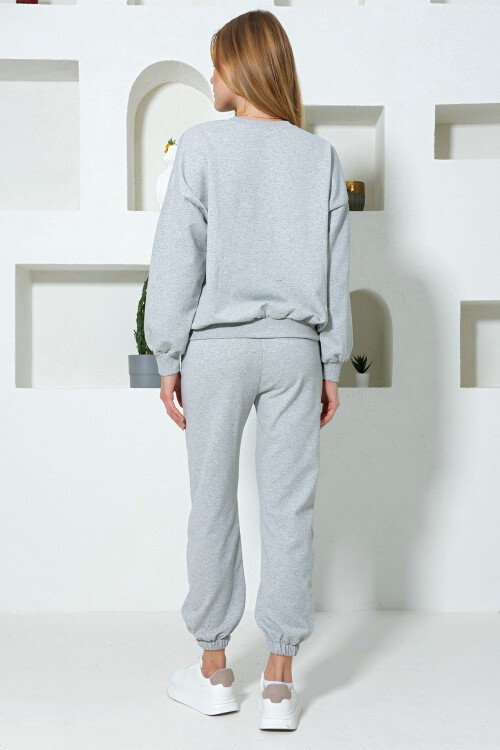 Gri Bisiklet Yaka Beli Ve Paçası Lastikli İki İplik Basic Eşofman Takımı