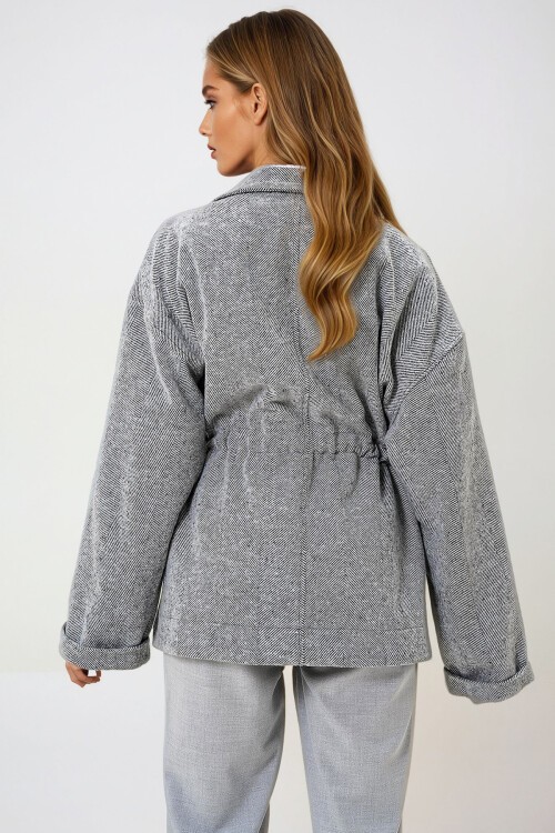 Gri Ceket Yaka Beli Büzgülü Bağlamalı Astarsız Kaşe Kaban