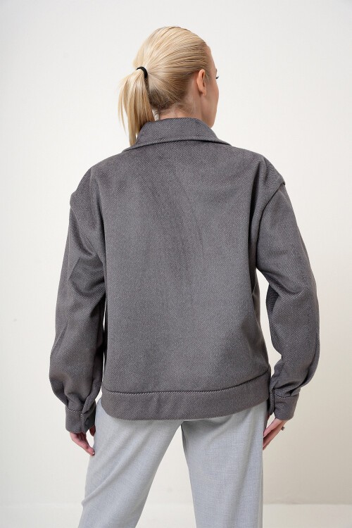 Gri Çift Cepli Çıt Çıt Kapamalı Kaşmir Mont