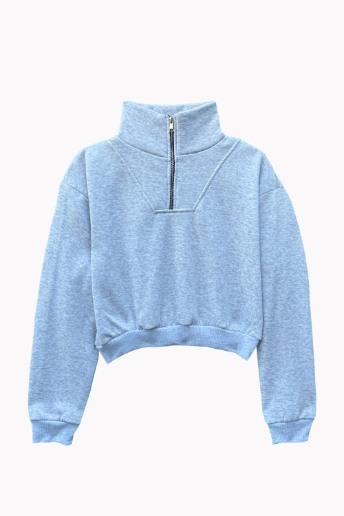 Gri Dik Yaka Fermuarlı Sweatshirt
