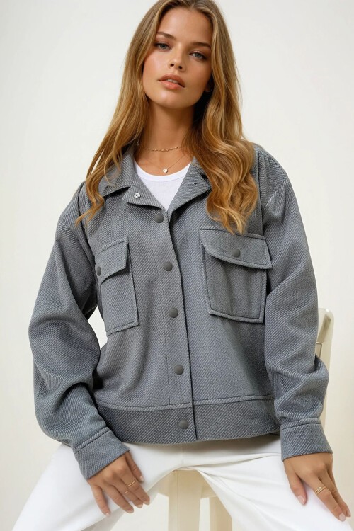 Gri İçi Astarlı Çift Cepli Kaşe Ceket