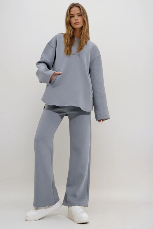 Gri Kapüşonlu Fermuarlı Çift Cepli 3 İplik İçi Şardonlu Eşofman Takım