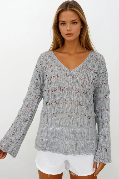 Gri V Yaka Ajurlu Bluz