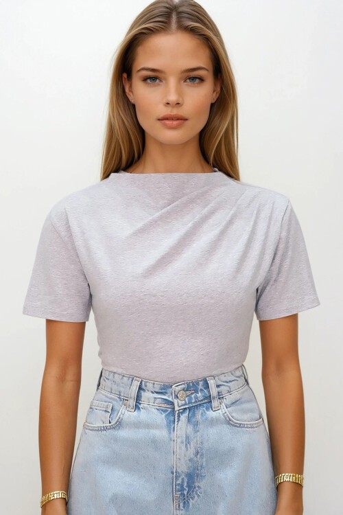 Grimelanj Dik Yaka Omuzu Drapeli Cotton Bluz