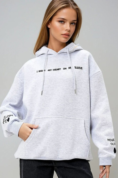 Grimelanj Kapüşonlu Önü Ve Kolları Nakışlı 3 İplik Şardonlu Sweatshirt