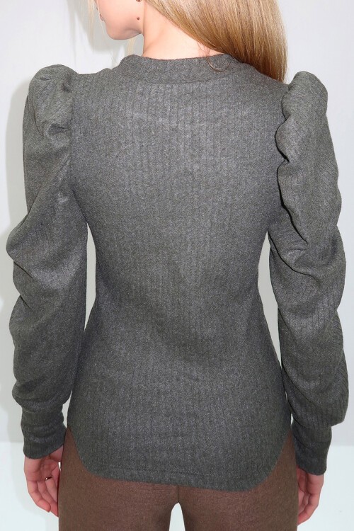 Haki Bisiklet Yaka Damla Dekolteli Prenses Kol Triko Bluz