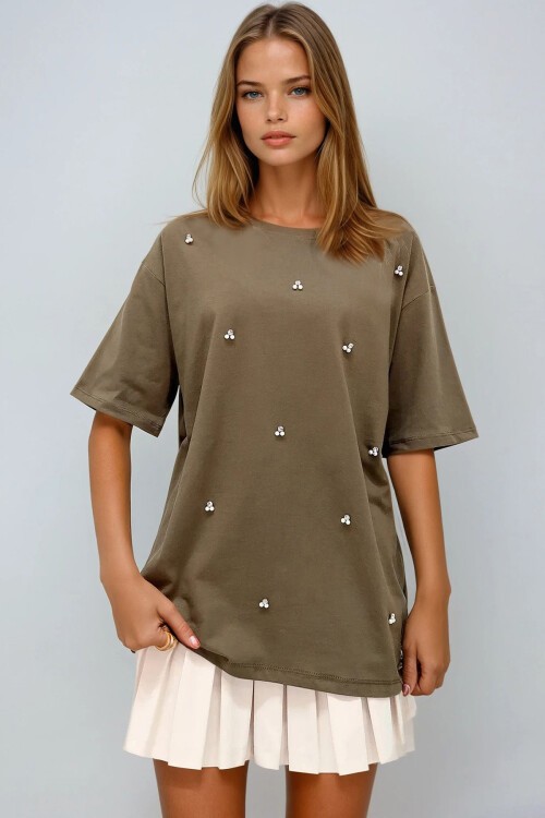 Haki Bisiklet Yaka Oversize İnci Ve Taş İşlemeli T Shirt