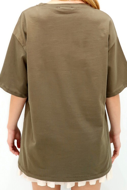 Haki Bisiklet Yaka Oversize İnci Ve Taş İşlemeli T Shirt