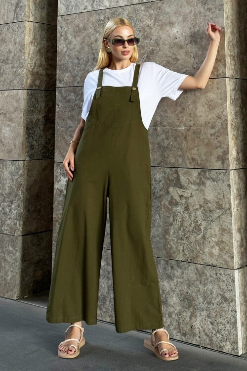 Haki Önü Cepli Askılı Gabardin Bahçıvan Tulum