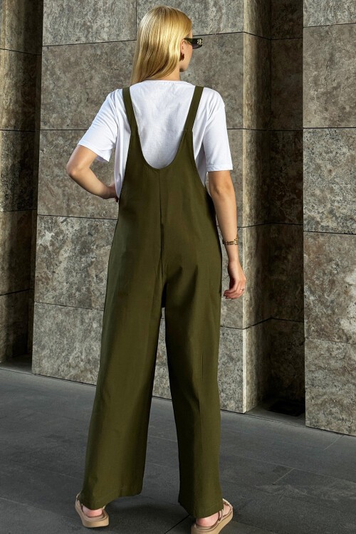 Haki Önü Cepli Askılı Gabardin Bahçıvan Tulum