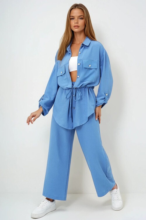 İndigo Çift Cepli Safari Ceket Ve Beli Lastikli Wide Leg Aerobin Pantolonlu Takım