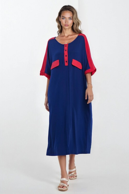 İndigo Önü Düğmeli Kısa Kollu Viskon Elbise