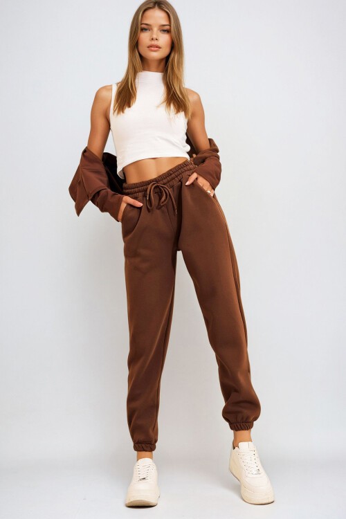 Kahve 3 İplik İçi Şardonlu Jogging Eşofman Altı