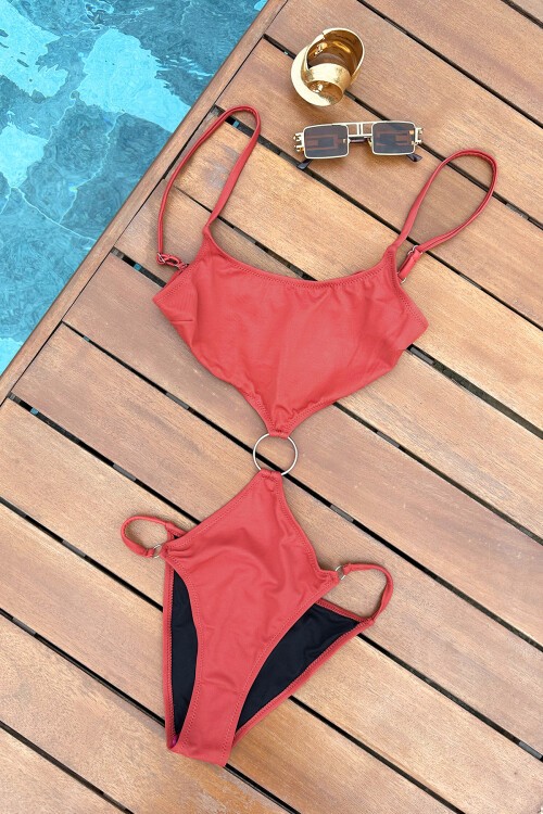 Kahve Askılı Arkadan Bağlamalı Halka Detaylı Bikini