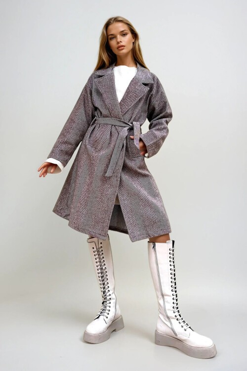 Kahve Kruvaze Beli Kemerli Balık Sırtı Desenli Kaşe Palto