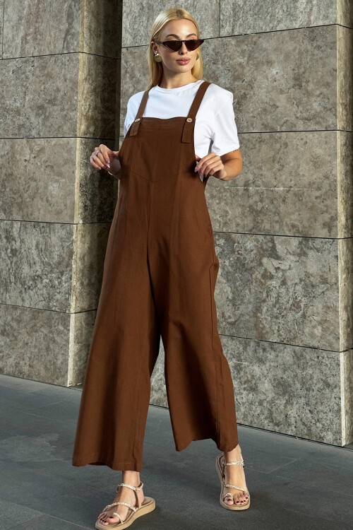 Kahve Önü Cepli Askılı Gabardin Bahçıvan Tulum