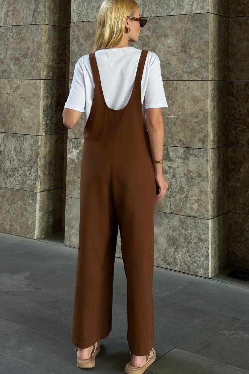 Kahve Önü Cepli Askılı Gabardin Bahçıvan Tulum