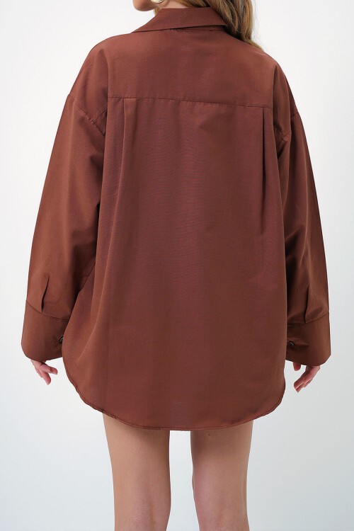 Kahve Oversize Uzun Dokuma Gömlek