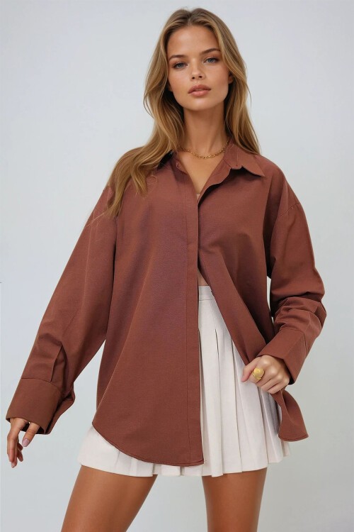 Kahve Oversize Uzun Dokuma Gömlek