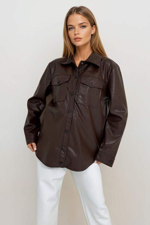 Kahverengi Çift Cepli Çıtçıt Kapamalı Oversize Suni Deri Ceket