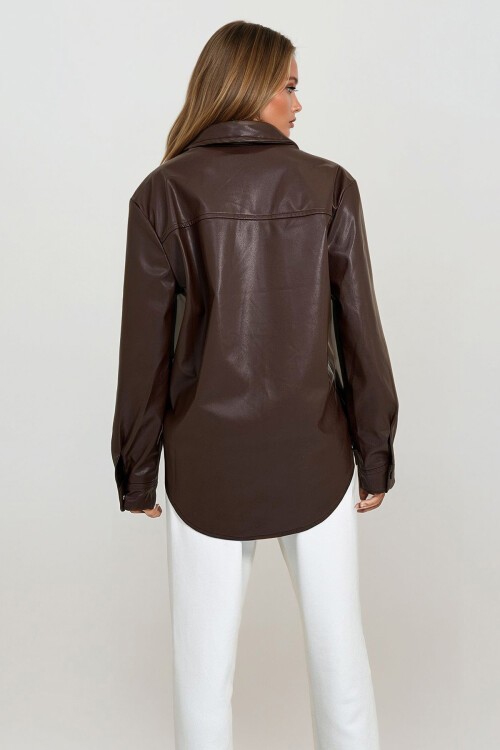 Kahverengi Çift Cepli Çıtçıt Kapamalı Oversize Suni Deri Ceket