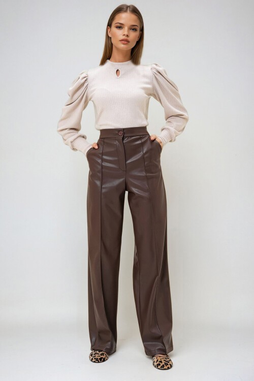 Kahverengi Önü Dikişli Çift Cepli Suni Deri Palazzo Pantolon