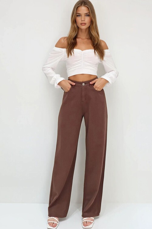 Kahverengi Yüksek Bel Beş Cepli Wide Leg Yazlık Gabardin Pantolon