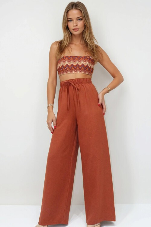 Kiremit Bağcıklı Beli Lastikli Aerobin Palazzo Pantolon