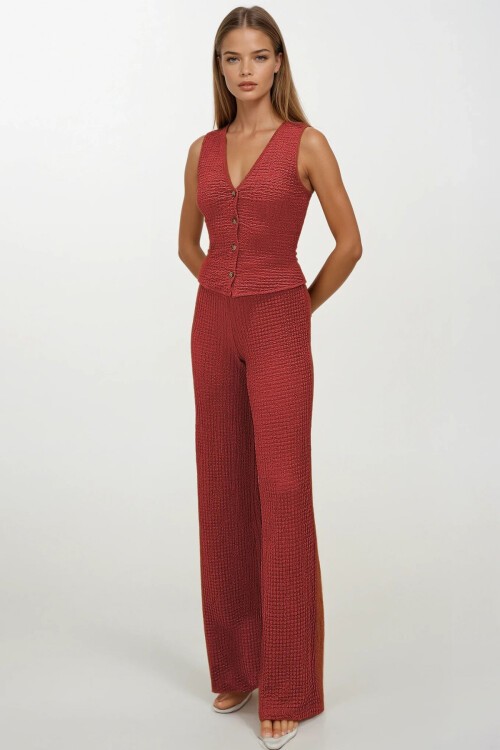 Kiremit V Yaka Düğmeli Yelek Ve Pantolon Takım