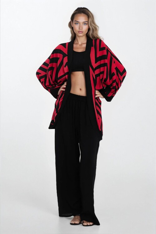 Kırmızı Çift Cepli Beli Lastikli Pantolon Ve Kimono 2Li Takım