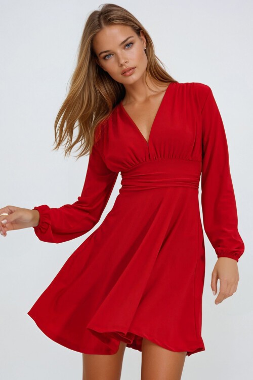 Kırmızı Derin V Yaka Kloş Sandy Elbise