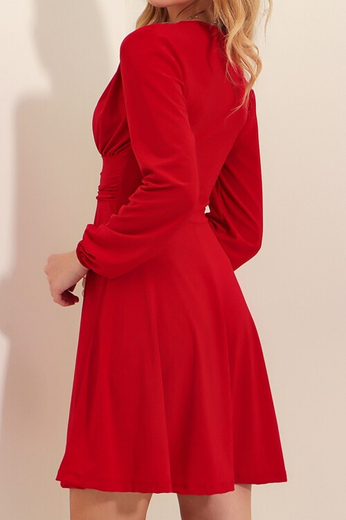 Kırmızı Derin V Yaka Kloş Sandy Elbise