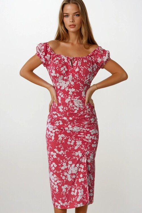 Kırmızı Madonna Yaka Çiçek Desenli Yırtmaç Detaylı Fermuarlı Elbise