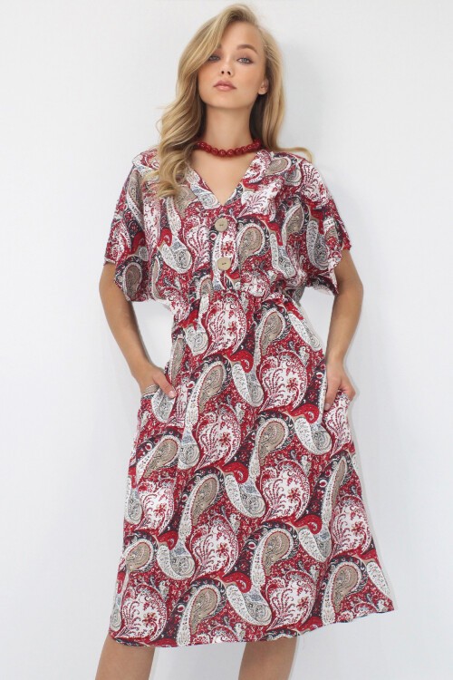 Kırmızı Ön Arka V Yaka Coconut Düğmeli Çift Cepli Desenli Dokuma Viskon Elbise