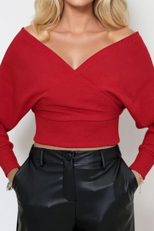 Kırmızı Ön Arka V Yaka Kruvaze Bluz