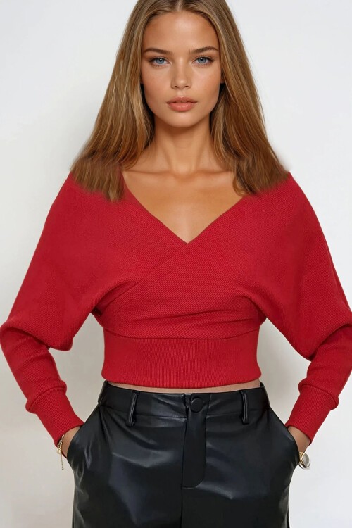 Kırmızı Ön Arka V Yaka Kruvaze Bluz