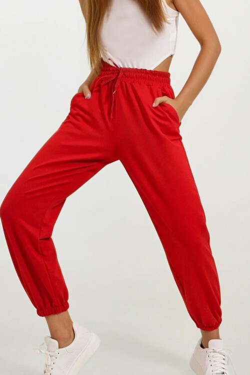 Kırmızı Paçası Lastikli İki İplik Eşofman Altı