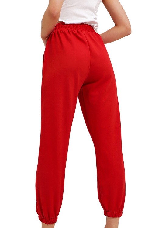 Kırmızı Paçası Lastikli İki İplik Eşofman Altı