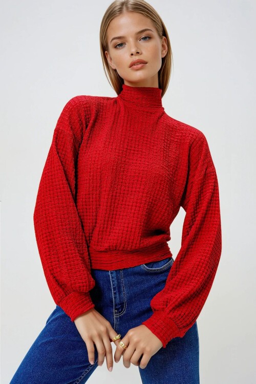 Kırmızı Yarım Balıkçı Yaka Bürümcük Crop Bluz