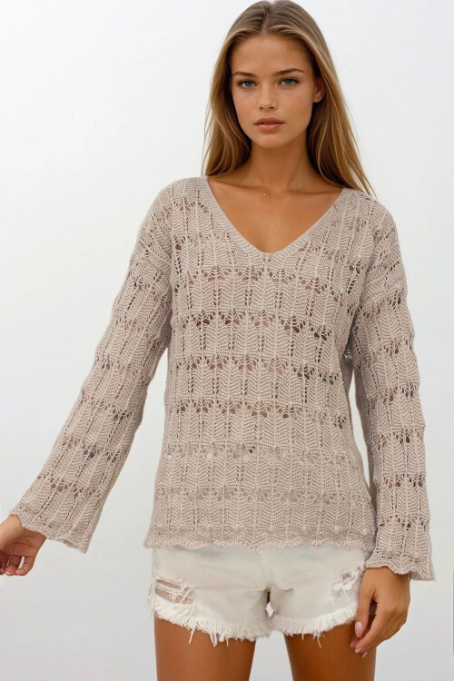 Koyu Bej V Yaka Ajurlu Bluz