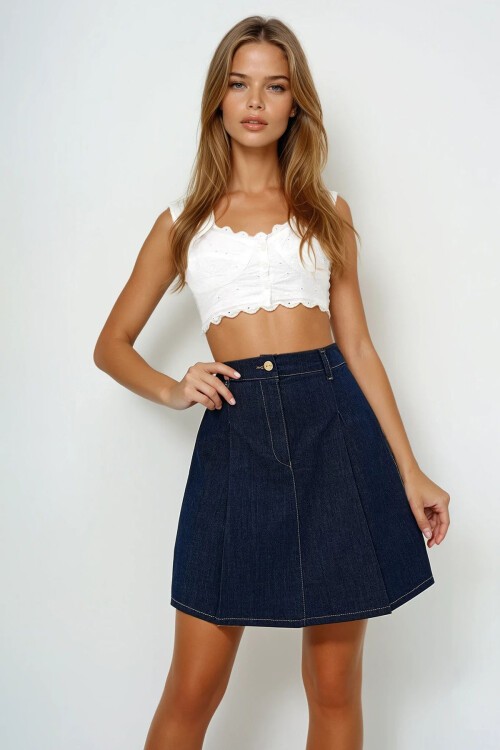 Koyu Lacivert Pile Detaylı Mini Jean Etek