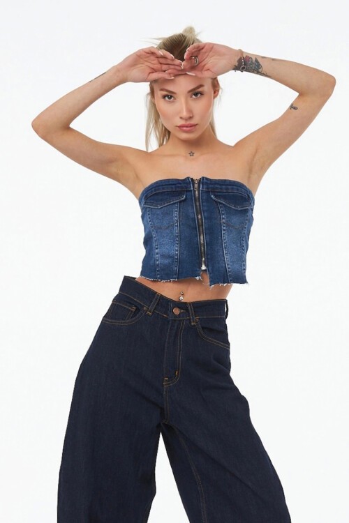 Koyu Mavi Fermuarlı Straplez Gipeli Denim Büstiyer